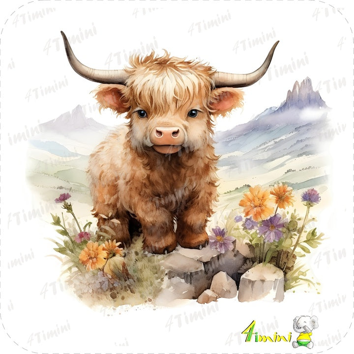 Ensemble de 5 débarbouillettes velours - Vaches highland floral