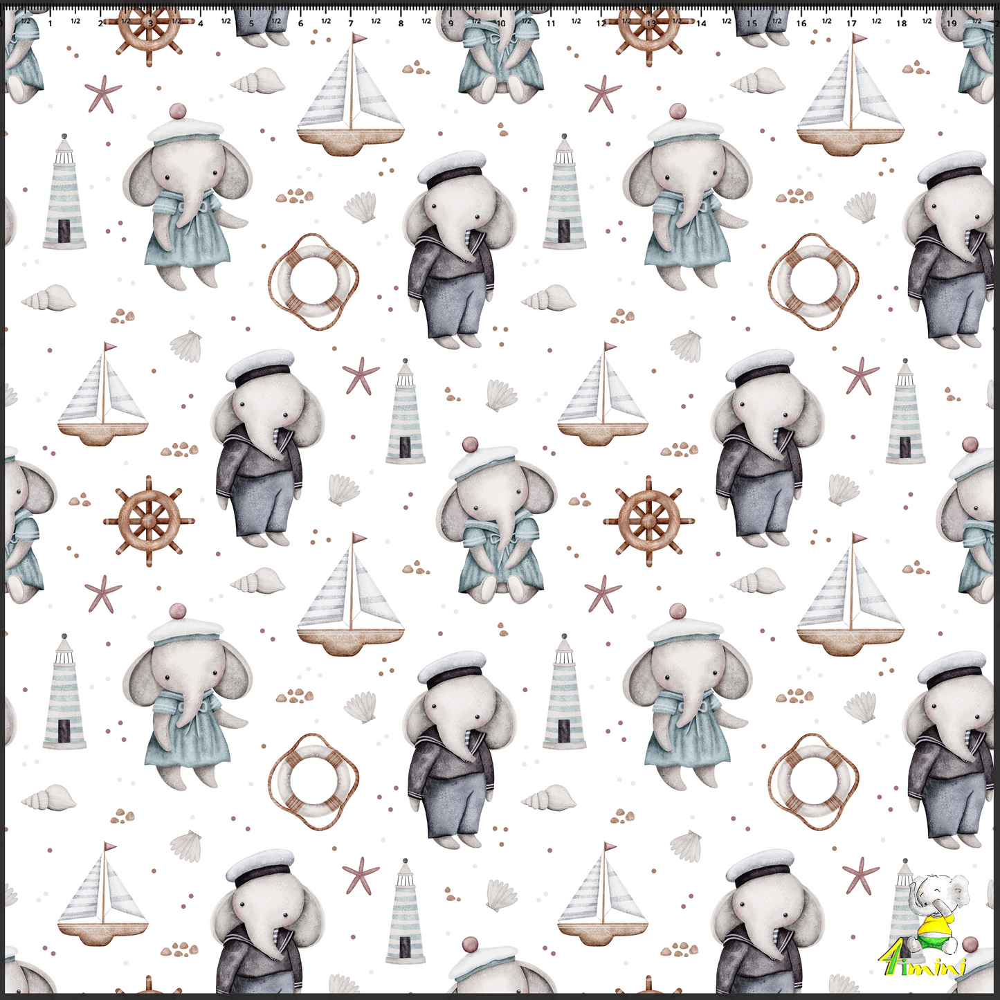 Éléphant, Éléphanteau, Capitaine éléphant, marin, Nautique, Bateau, Voilier, Bateau à voile, Phare, Barre de bateau, Étoile de mer, Bleu doux, Gris, Style marin