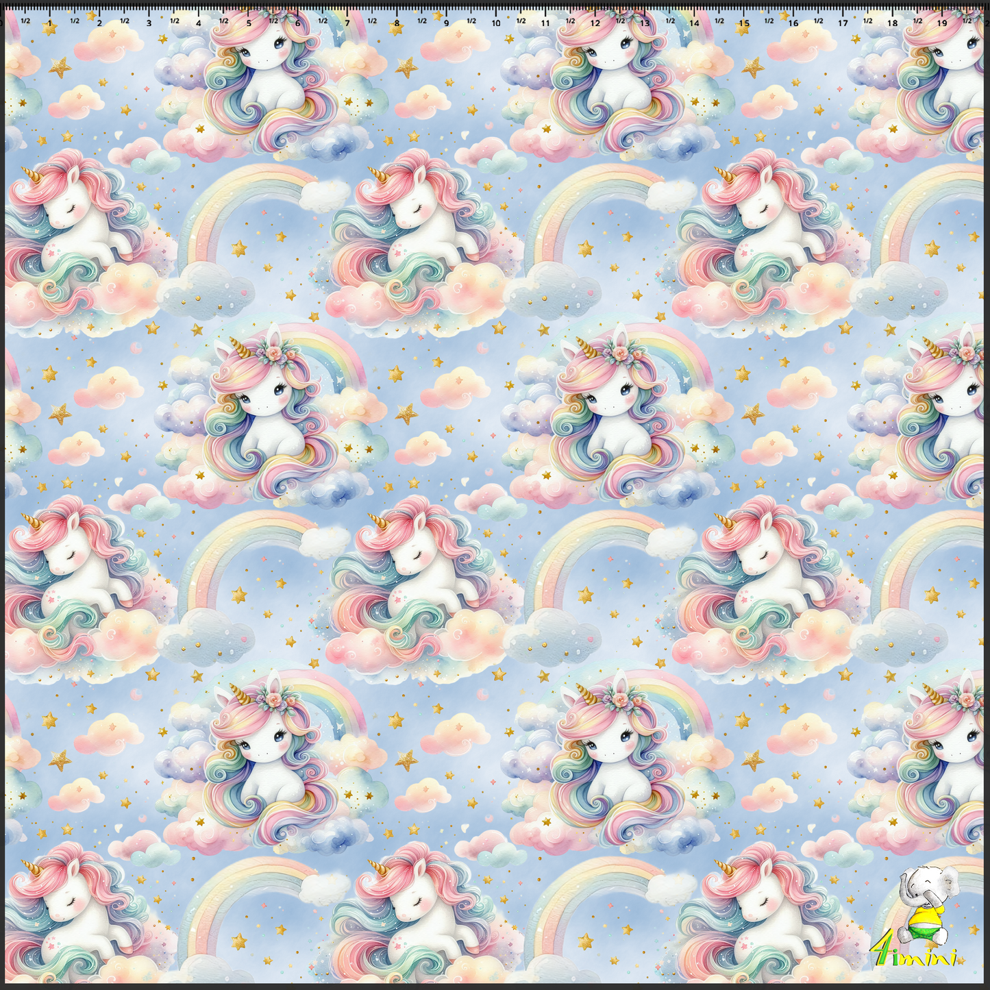 doudou, mousseline, bambou, coton, bébé, 4Timini, fait au Québec, fait main, ciel magique, licorne, crinière pastel, arc-en-ciel, nuages doux, étoiles, créature fantastique, bleu pastel, féerique, imaginaire