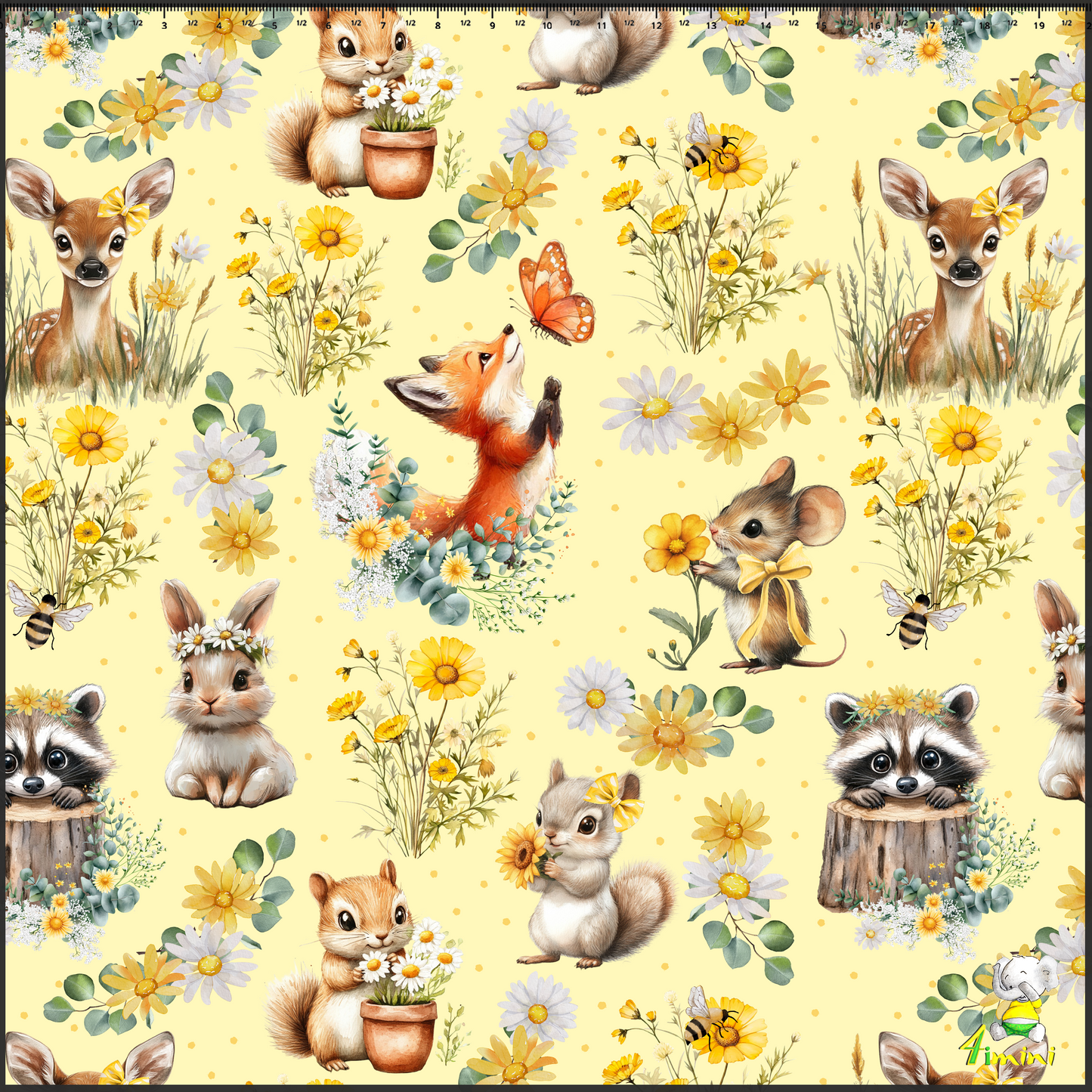mousseline, couverture, emmaillotage, bébé, 4Timini, fait au Québec, fait main, bambou, coton, faune, flore, forêt, champêtre, aquarelle, marguerites, fleurs, jaune, renard, chevreuil, lapin, écureuil, hérisson, raton laveur, souris, papillon, abeille
