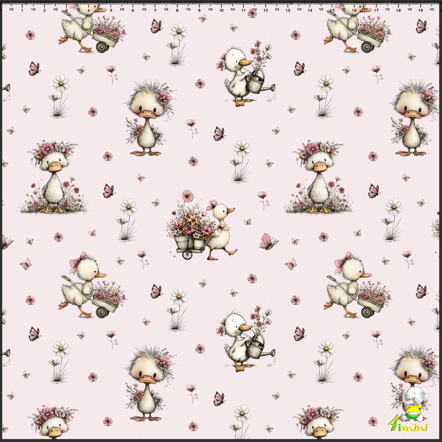 oie, cane, canard, floral, fleurs, rose, papillon
