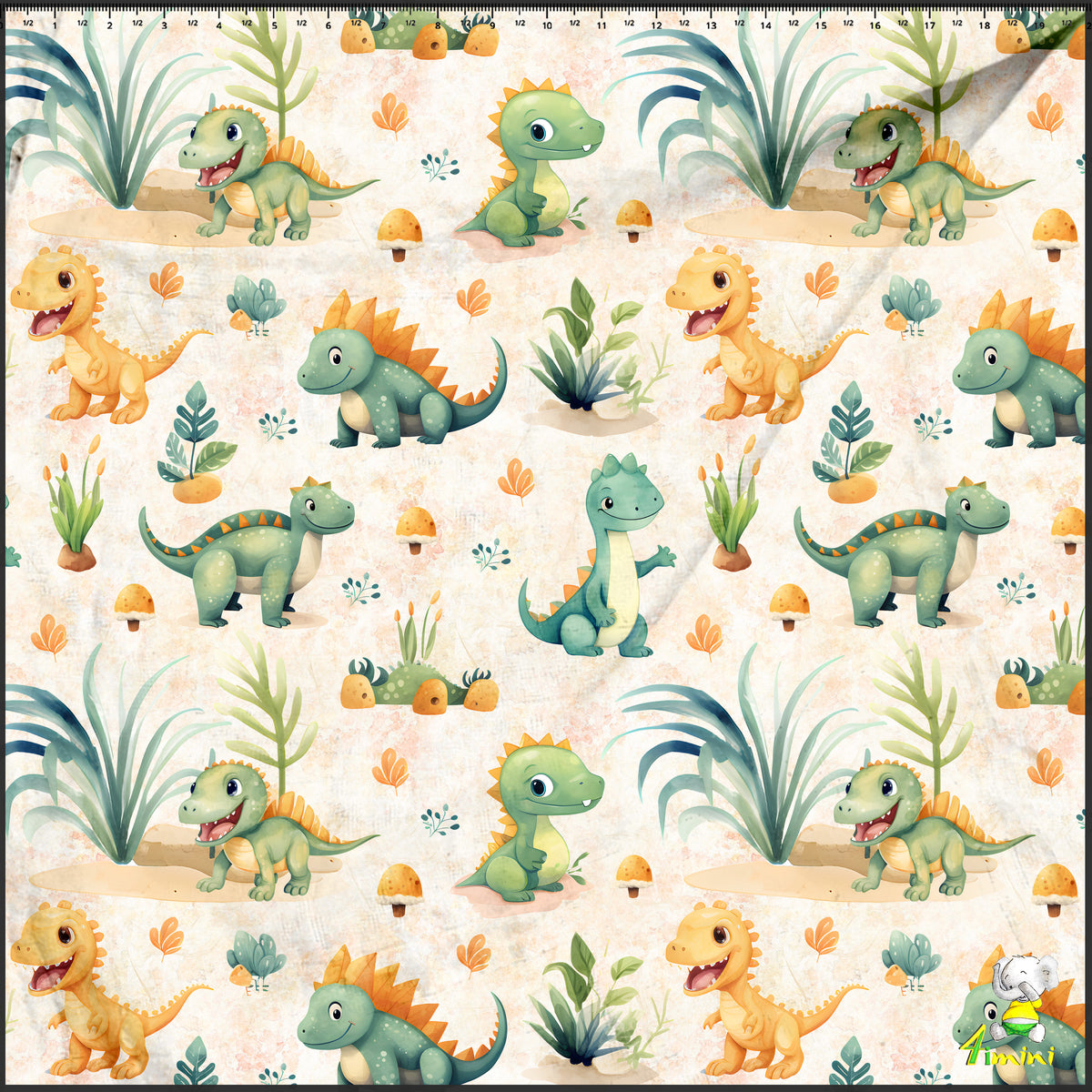 Le temps des dinosaures, stégosaure, diplo, tyranosaure (T-Rex), triceratops, dino orange, vert, sauge, turquoise, feuillage par 4Timini.