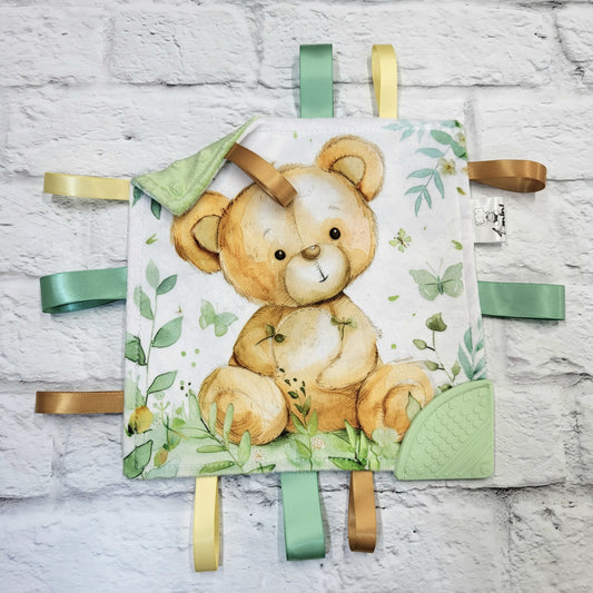 Câlin sous les feuilles - Doudou étiquettes craquante avec coin de dentition