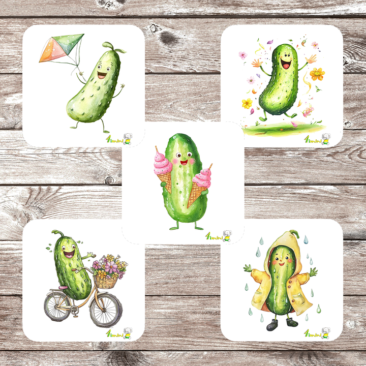 Ensemble de 5 débarbouillettes bébé ultra-douces avec motifs aquarelle La vie de Pickle (cornichon, cornet, glace, imperméable, pluie, fleurs, heureux, vélo, bicyclette, cerf-volant),confectionné au Québec par 4Timini.
