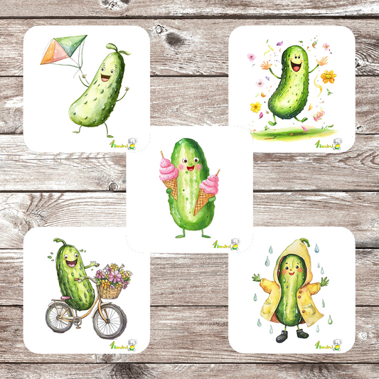 Ensemble de 5 débarbouillettes bébé ultra-douces avec motifs aquarelle La vie de Pickle (cornichon, cornet, glace, imperméable, pluie, fleurs, heureux, vélo, bicyclette, cerf-volant),confectionné au Québec par 4Timini.
