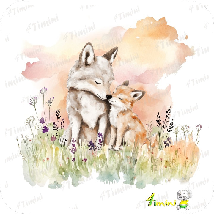 câlins en forêt (animaux de la forêt, maman et bébé, loup, louveteau,  confectionné au Québec par 4Timini.