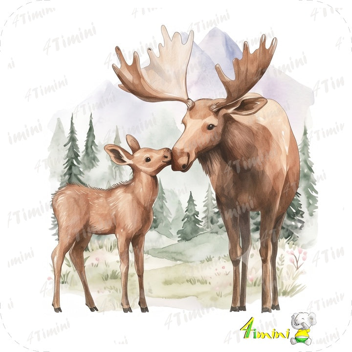 câlins en forêt (animaux de la forêt, maman et bébé, orignal, confectionné au Québec par 4Timini.