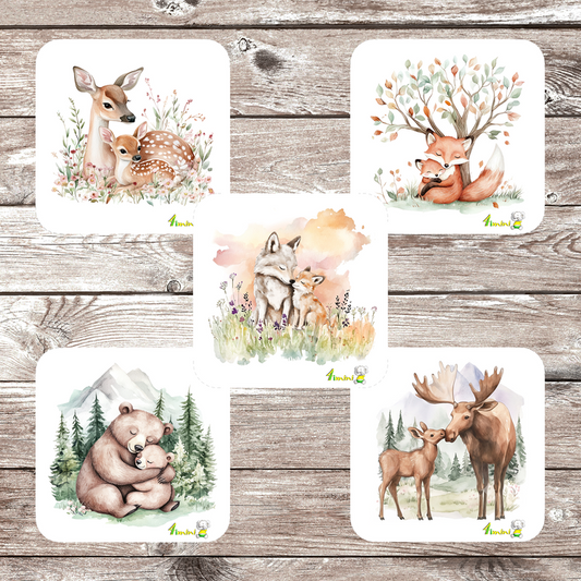 Ensemble de 5 débarbouillettes bébé ultra-douces avec motifs câlins en forêt (animaux de la forêt, maman et bébé, loup, louveteau, renard, renardeau, cerf, chevreuil, orignal, ours, ourson) confectionné au Québec par 4Timini.
