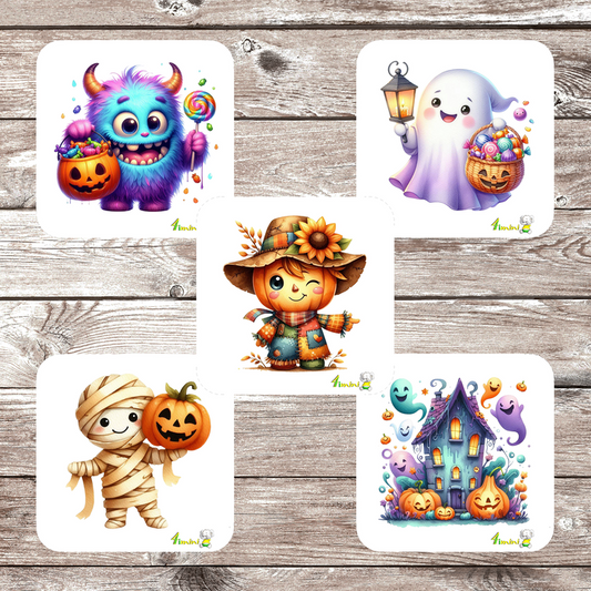 Ensemble de 5 débarbouillettes bébé ultra-douces avec motifs Plaisir d'halloween (monstre coloré, épouvantail, citrouille, maison hanté, fantôme, momie, tournesol, bonbon, suçon), confectionné au Québec par 4Timini.