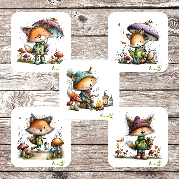 Ensemble de 5 débarbouillettes bébé ultra-douces avec motifs aquarelle Rusty à l'automne (renard qui fait de la lecture, en randonnée, sous la pluie, au feu avec guimauve, champignon), confectionné au Québec par 4Timini.