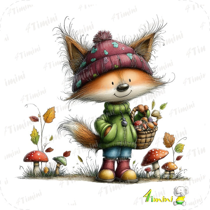Rusty à l'automne, renard en randonnée, champignon