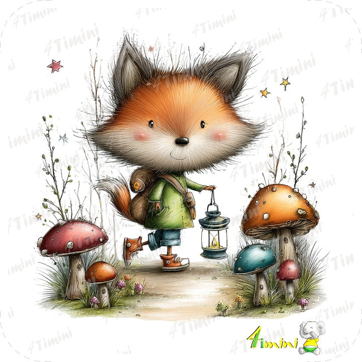 Rusty à l'automne, renard en randonnée, champignon