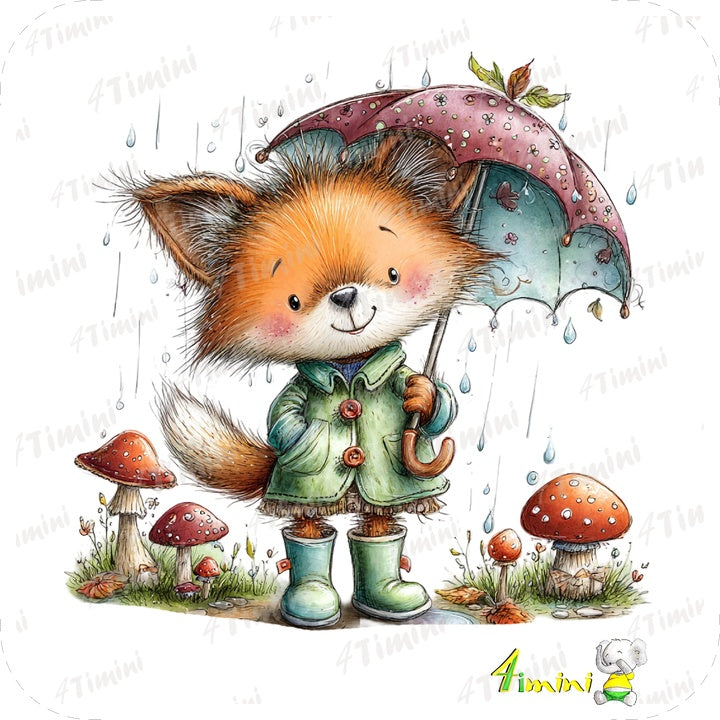Rusty à l'automne (renard sous la pluie, avec son parapluie, champignon)