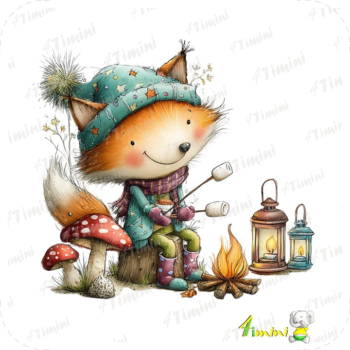Rusty à l'automne, renard au bord du feu avec guimauve