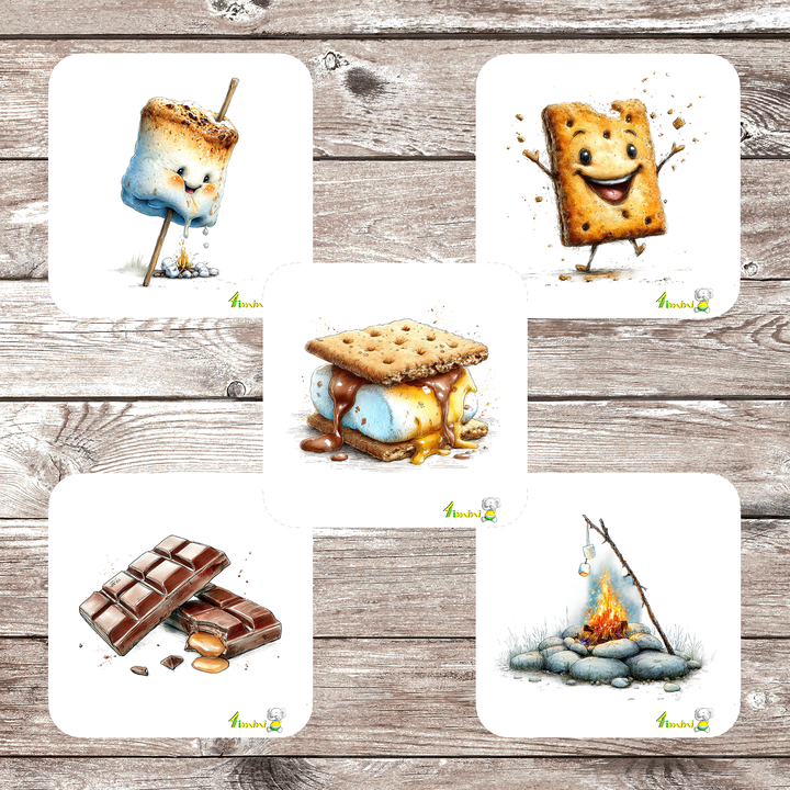 Ensemble de 5 débarbouillettes bébé ultra-douces avec motifs L'heure du s'mores (guimauve, shamallow, chocolat, s'mores, feu, biscuit, camping , confectionné au Québec par 4Timini.

