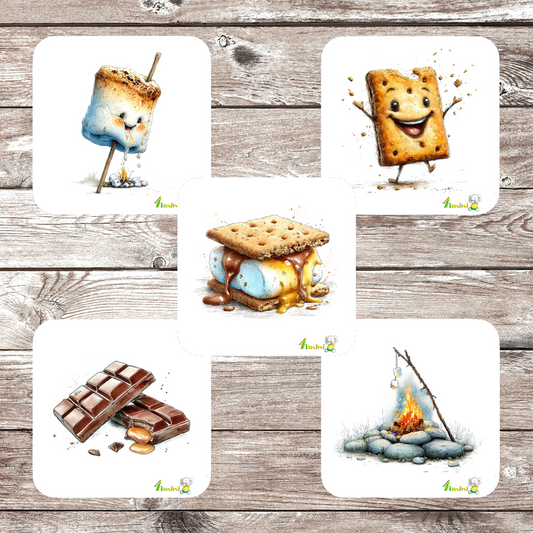 Ensemble de 5 débarbouillettes bébé ultra-douces avec motifs L'heure du s'mores (guimauve, shamallow, chocolat, s'mores, feu, biscuit, camping , confectionné au Québec par 4Timini.

