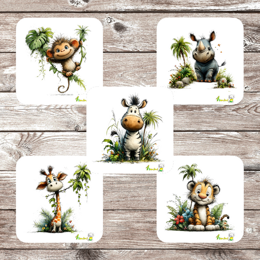 Ensemble de 5 débarbouillettes bébé ultra-douces avec motifs Dans la savane (safari, zèbre, girafe, singe, tigre, rhinocérus, feuillage, arbre) confectionné au Québec par 4Timini.