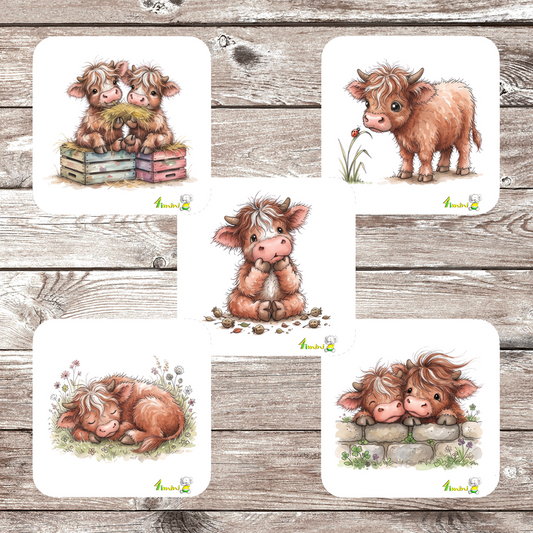 Ensemble de 5 débarbouillettes bébé ultra-douces avec motif Petite vache highland (animaux de la ferme, vache poilue, foin) . confectionné au Québec par 4Timini.

