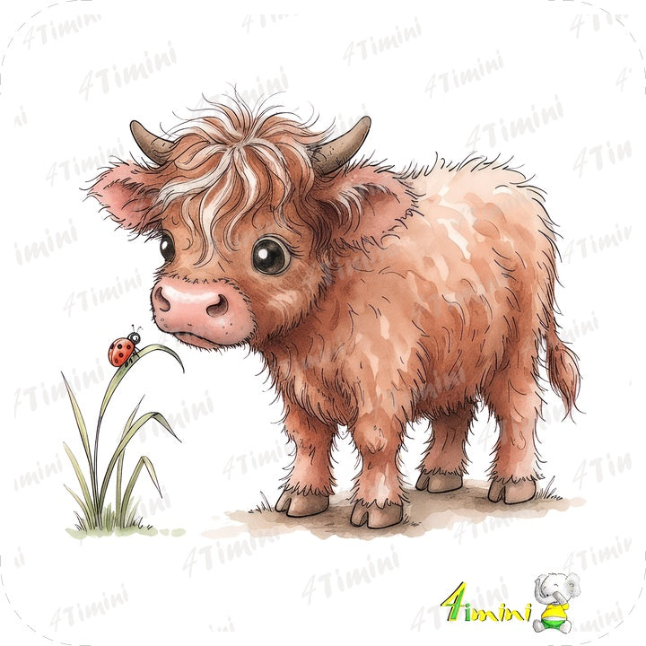 Petite vache highland avec une coccinelle (animaux de la ferme, vache poilue, foin) . confectionné au Québec par 4Timini.