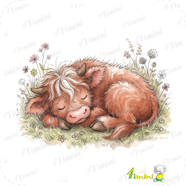  Petite vache highland endormi dans le pré (animaux de la ferme, vache poilue, foin) confectionné au Québec par 4Timini.