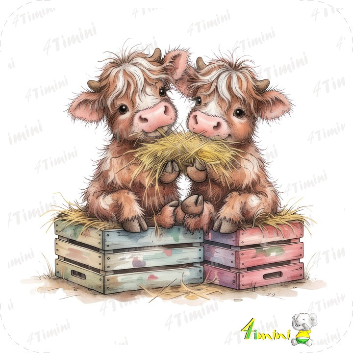  Petite vache highland qui mange du foin (animaux de la ferme, vache poilue, foin) confectionné au Québec par 4Timini.
