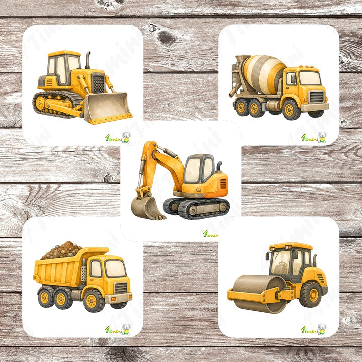 Ensemble de 5 débarbouillettes bébé ultra-douces avec motifs Les batisseurs (camion de chantier, construction, tracteur, pelleteuse, pelle mécanique, bétonnière, camion benne) confectionné au Québec par 4Timini.
