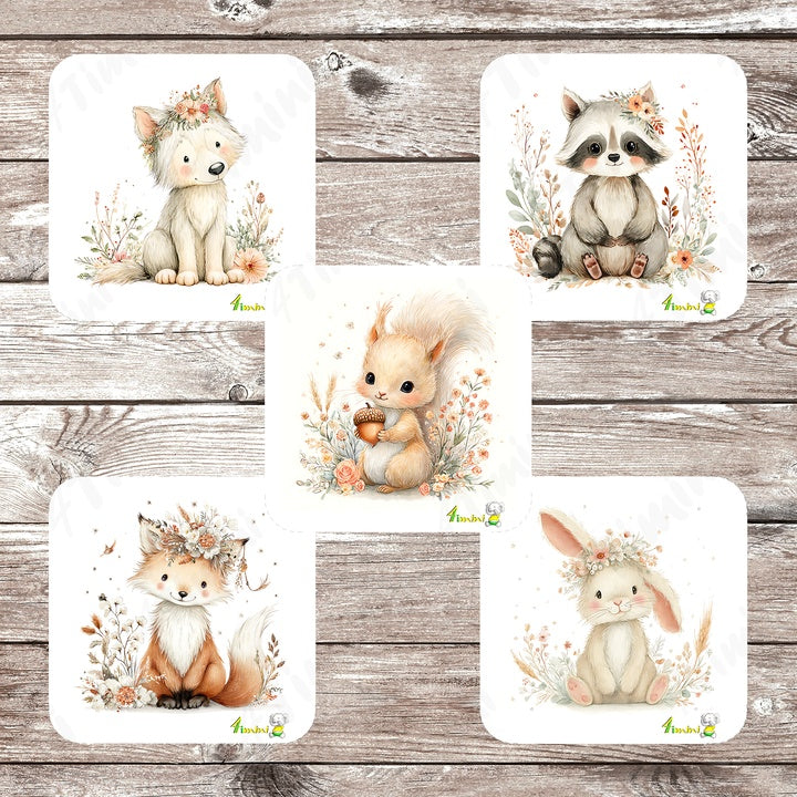 Ensemble de 5 débarbouillettes bébé ultra-douces avec motifs douceur de sous-bois (animaux de la forêt floral, loup, louveteau, renard, renardeau, lapin, lièvre, raton laveur, écureuil) confectionné au Québec par 4Timini.
