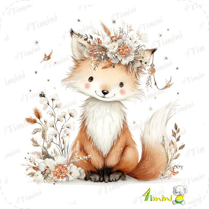 douceur de sous-bois (animaux de la forêt floral, renard, renardeau)