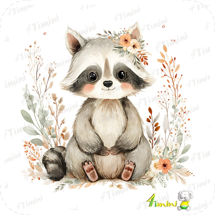 douceur de sous-bois (animaux de la forêt floral, raton laveur)