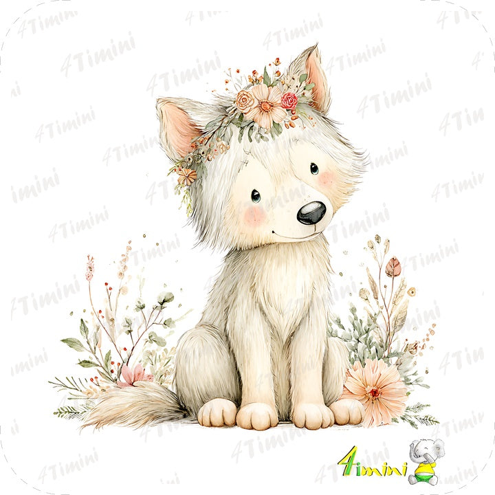 douceur de sous-bois (animaux de la forêt floral, loup, louveteau)
