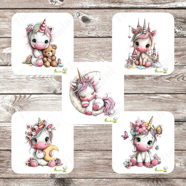 Ensemble de 5 débarbouillettes bébé ultra-douces avec motifs Lily (Licorne, cheval magique, ourson, teddy, chateau, lune, papillon, fleurs) confectionné au Québec par 4Timini.