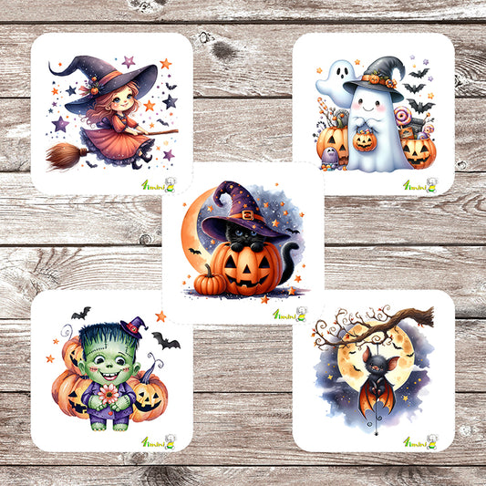 Ensemble de 5 débarbouillettes bébé ultra-douces avec motifs d'halloween (fantôme,chauve-souris, Chat noir, citrouille, sorcière, frankenstein), confectionné au Québec par 4Timini.