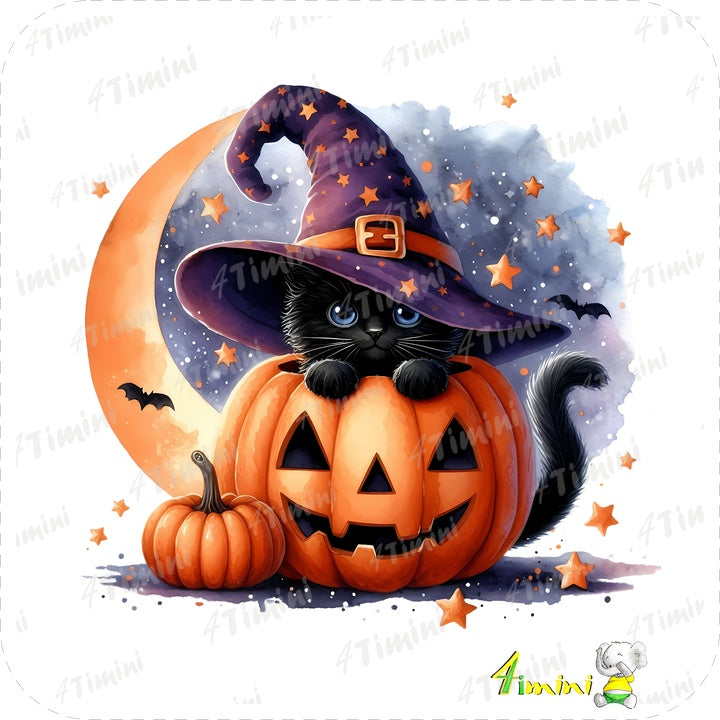 chat noir, chapeau de sorcière, citrouille, chauve-souris, lune, étoile par 4timini