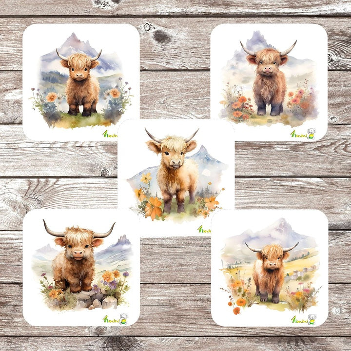 Ensemble de 5 débarbouillettes velours - Vaches highland floral