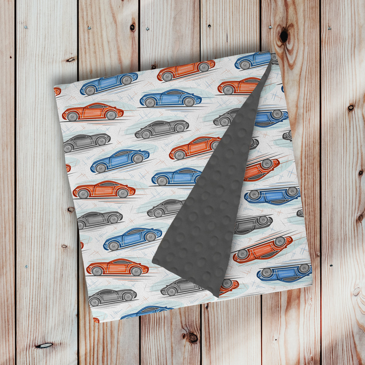 doudou, couverture en minky avec endos en minky dot, à pois, texturé, ultra douce, motif à toute vitesse, voiture de course, auto bleu et véhicule rouge, transport par 4timini