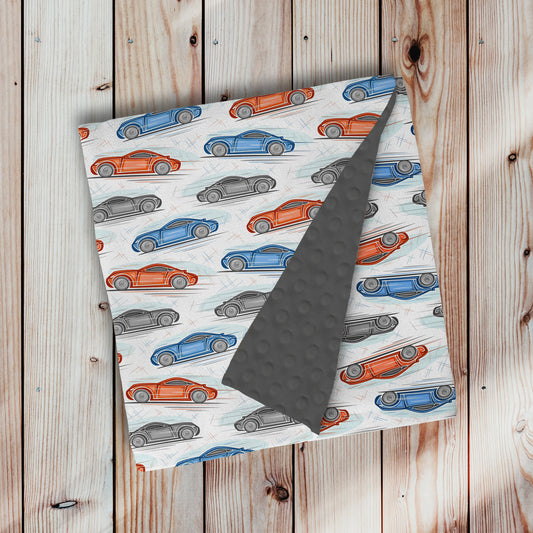 doudou, couverture en minky avec endos en minky dot, à pois, texturé, ultra douce, motif à toute vitesse, voiture de course, auto bleu et véhicule rouge, transport par 4timini