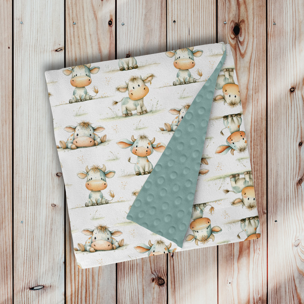 Couverture, doudou en minky, adorable vache, bébé vache dans le pré, avec herbe par 4timini