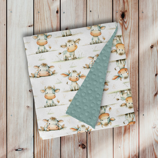 Couverture, doudou en minky, adorable vache, bébé vache dans le pré, avec herbe par 4timini