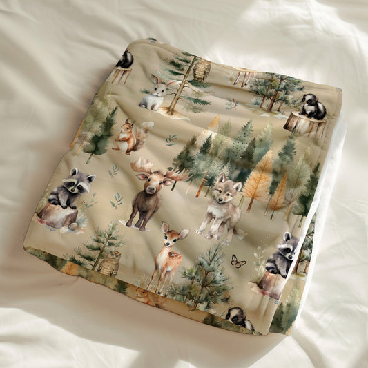couverture squish calinou doudou de 4timini motif d'animaux de la forêt, cerf, raton laveur, loup, orignal, loup, lapin