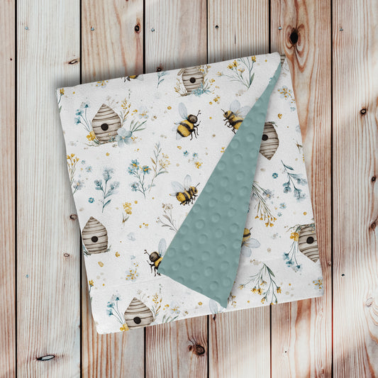Couverture en minky avec endos sauge doudou ultra-douce. abeille, insecte, fleur, ruche, par 4timini