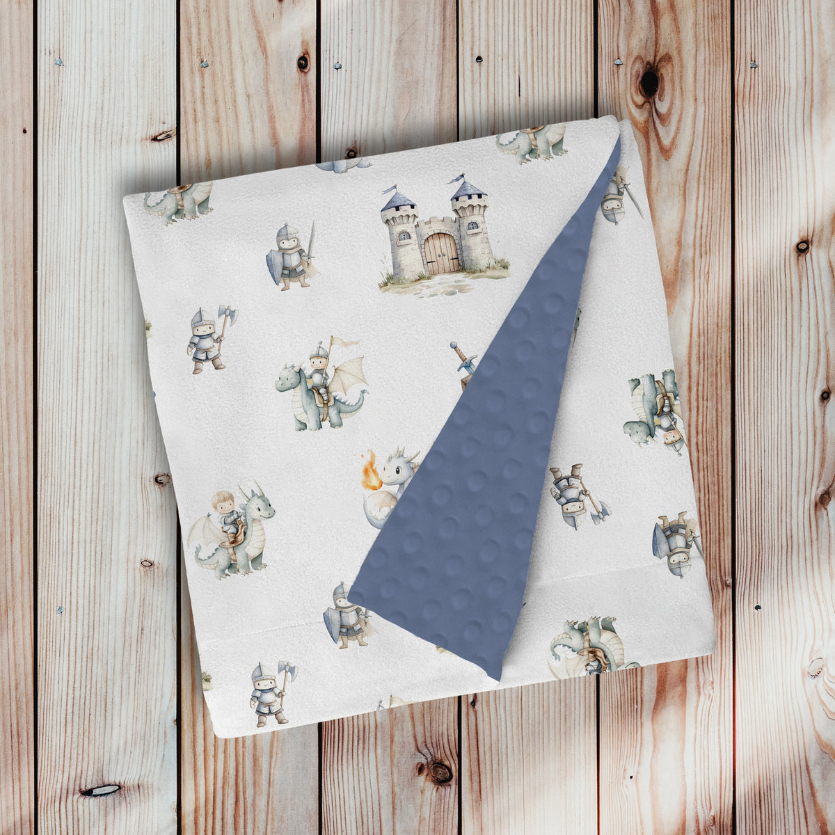 Couverture, doudou en minky, apprenti cavalier chevalier,  royaume, dragon, chateau par 4timini