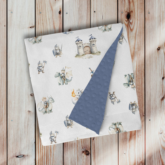 Couverture, doudou en minky, apprenti cavalier chevalier,  royaume, dragon, chateau par 4timini