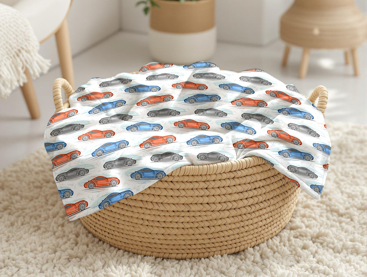 couverture, calinou doudou ultra-douce motif voiture de course, auto bleu et véhicule rouge, transport par 4timini