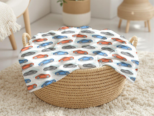 couverture, calinou doudou ultra-douce motif voiture de course, auto bleu et véhicule rouge, transport par 4timini