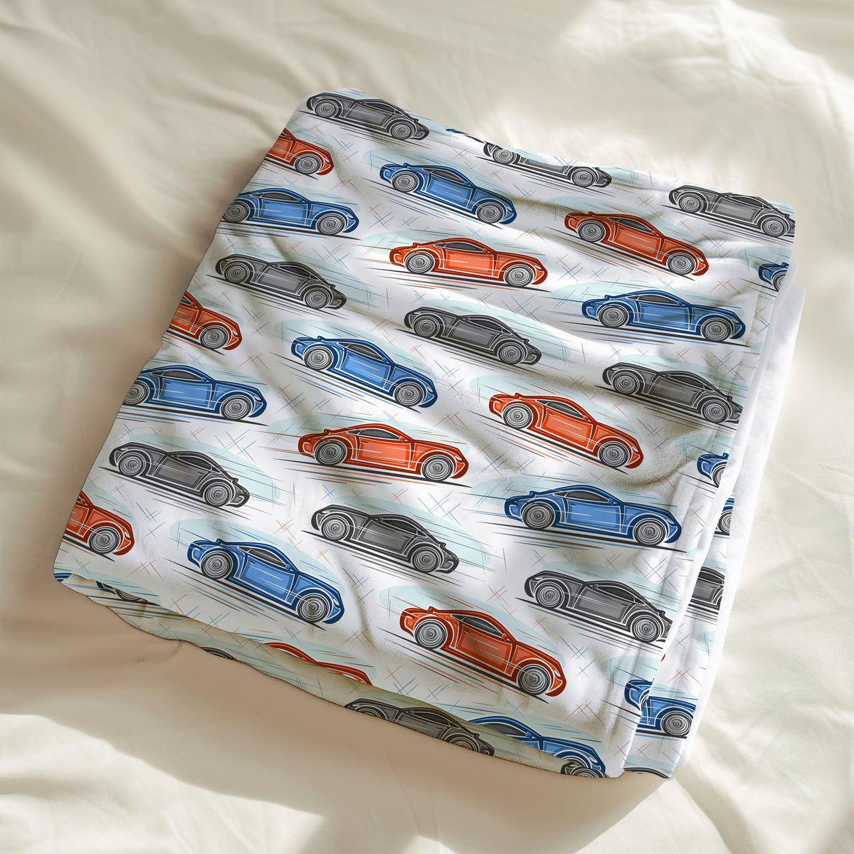 couverture, calinou doudou motif voiture de course, auto bleu et véhicule rouge, transport par 4timini