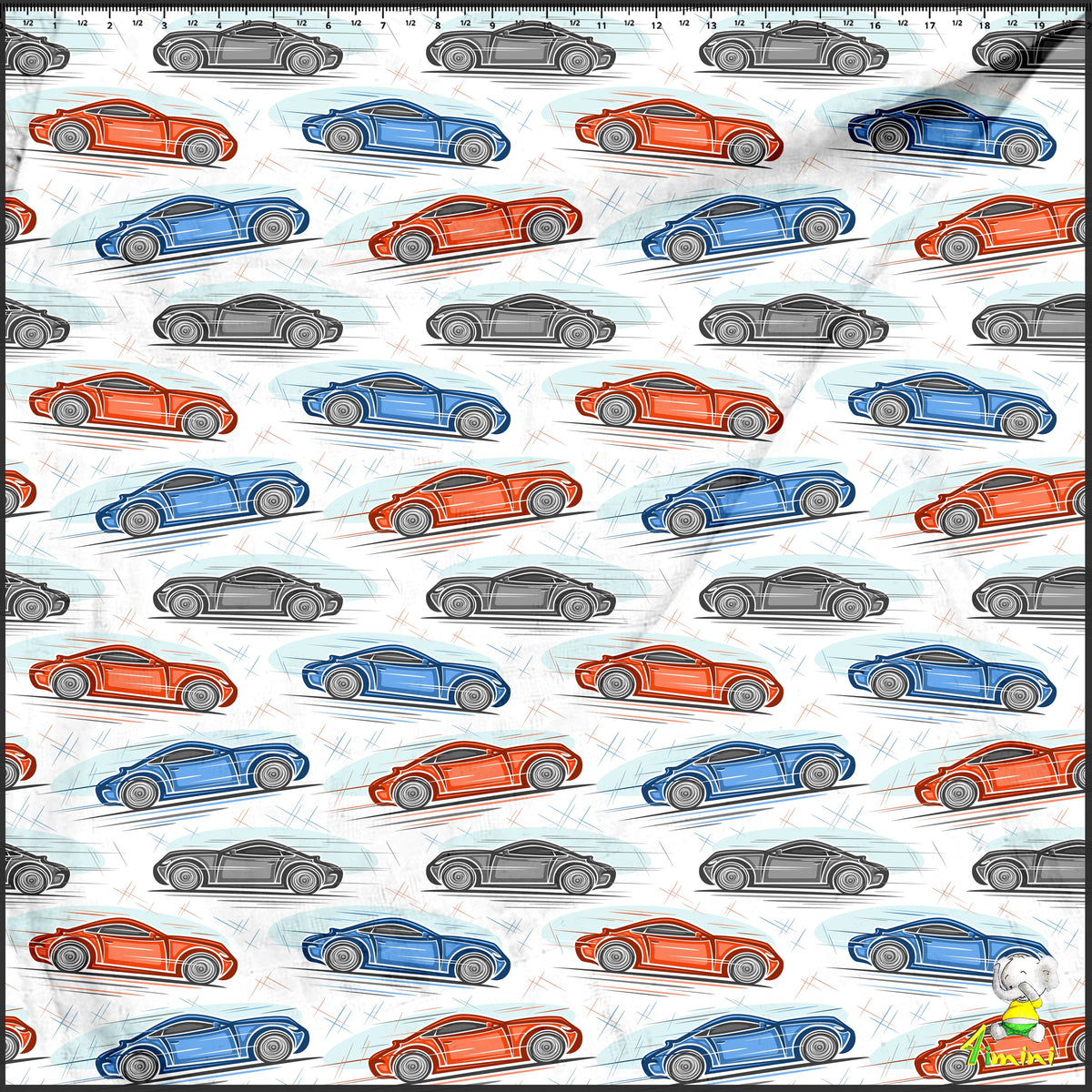 Motif voiture de course, auto bleu et véhicule rouge, transport
