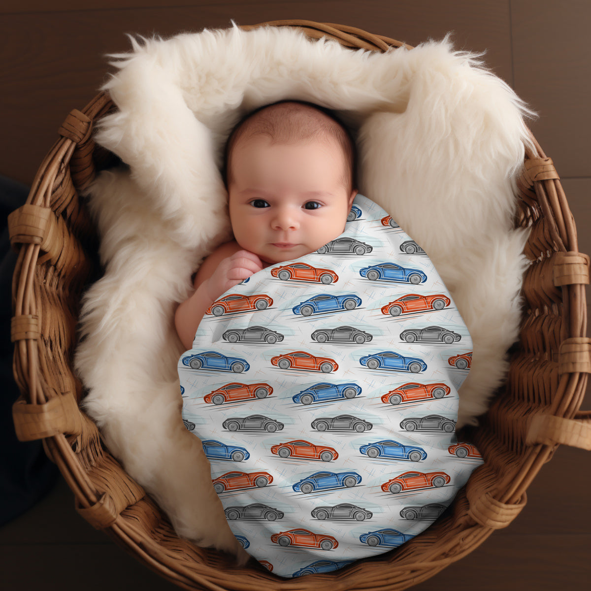 Couverture d'emmaillotage en mousseline de bambou et coton pour bébé, doudou motif à toute vitesse, voiture de course, auto bleu et véhicule rouge, transport par 4Timini.
