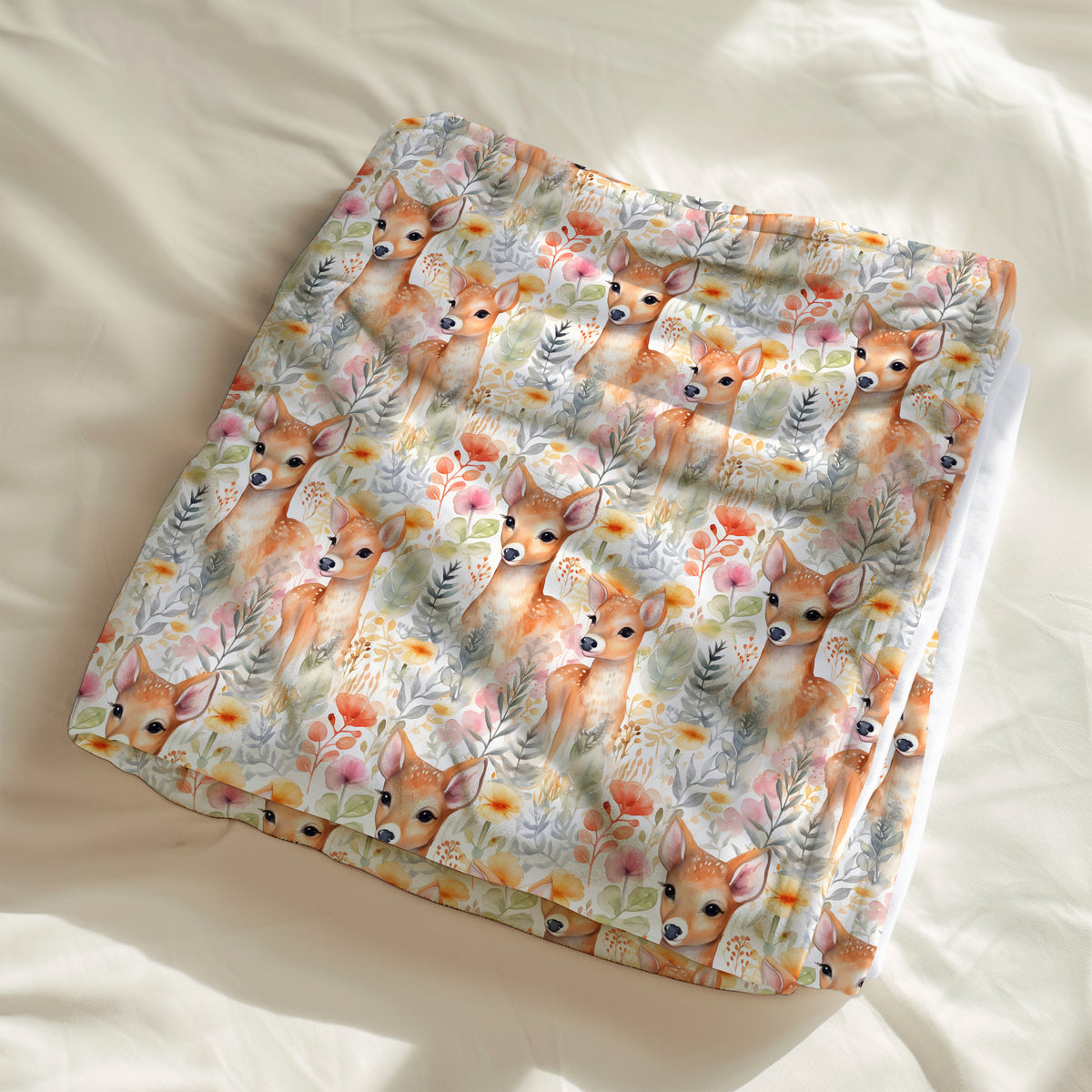 couverture et calinou doudou motif animaux de la forêt, cerf, dain, chevreuil, fleur, floral, feuillage par 4timini