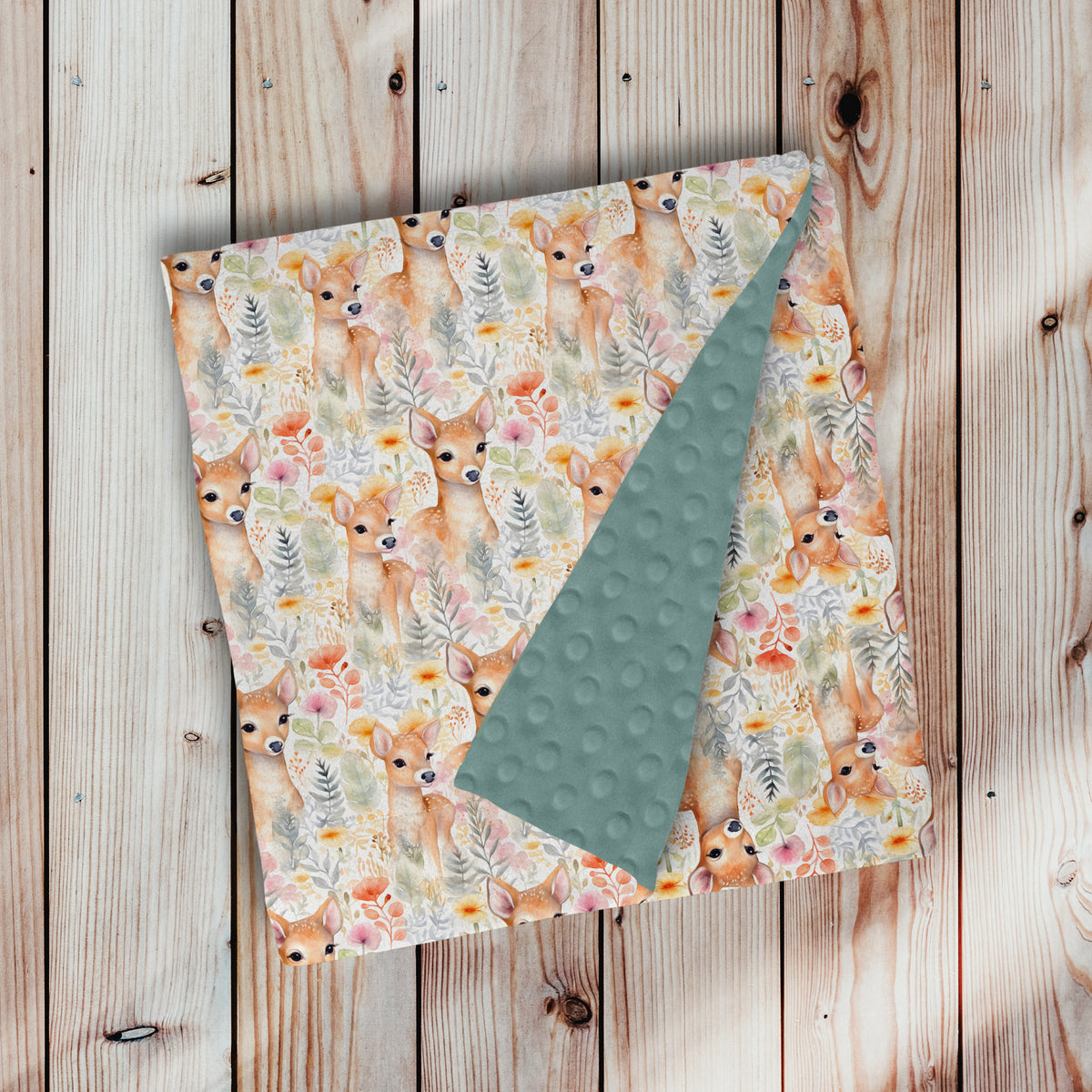 couverture et doudou motif animaux de la forêt, cerf, dain, chevreuil, fleur, floral, feuillage par 4timini