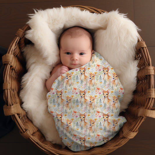 Couverture d'emmaillotage en mousseline de bambou et coton pour bébé, doudou motif bambi et fleurs, avec cerf, chevreuil, floral et feuillage par 4Timini.